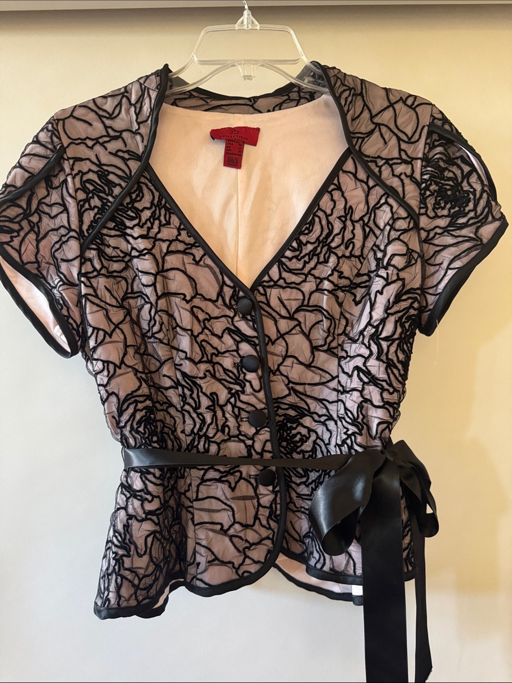 JS Collections Pink Sheer Floral Embroidered Wrap Blouse with Black Trim